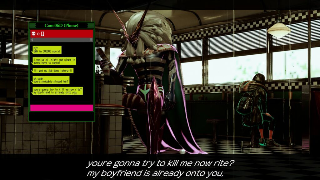Screenshot from No More Heroes III. In an American diner, FU, a muscular, shirtless, blue-skinned humanoid covered in white stripes, with a thick mane of poofy white hair and a V-shaped crown sticking from his forehead like horns, sits on a stool by the counter. He looks at his smartphone, whose screen is displayed to the viewer on the left. In the background, at another stool, sits Newtype Kamui. The text messages FU has received read, "FU? OMG im SOOOOO sorry! i was up all night and slept in gonna have to cancel ill get my job done laterz!!! oh yeah youre probably pissed huh? youre gonna try to kill me now rite? my boyfriend is already onto you."