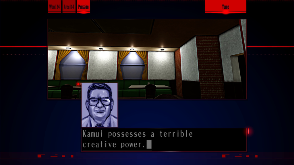 Screenshot from "YUME." At Prussian, Enzawa says, "Kamui possesses a terrible creative power."