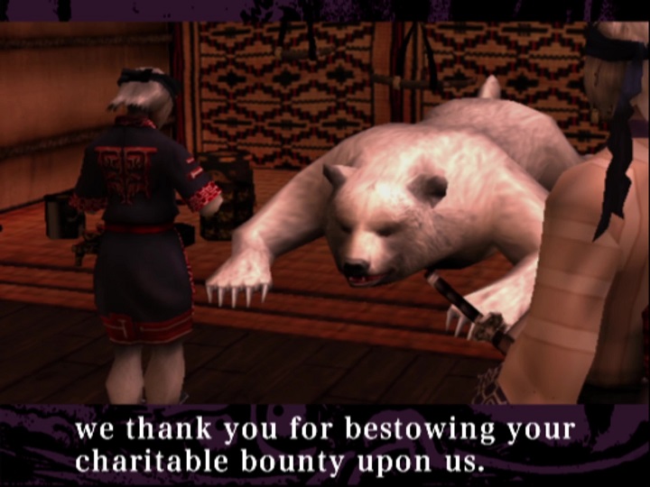 Screenshot from Samurai Champloo: Sidetracked. A large white bear lies dead on a slightly raised platform. Several textiles bearing abstract designs hang behind it. Nochiyu is standing, praying to the bear. Worso is visible on the left, partially in frame. Both have their backs to the camera. The subtitles show part of Nochiyu's dialogue: "we thank you for bestowing your charitable bounty upon us."