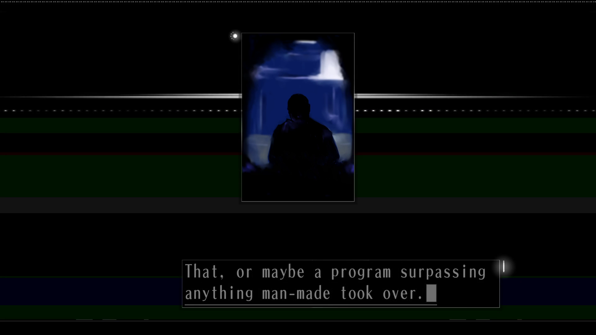 Screenshot from "HIKARI." In the narrow central window, a dark figure sits in the shadows. He says, "That, or maybe a program surpassing anything man-made took over."