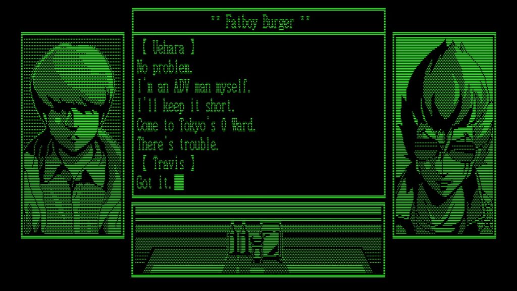 Screenshot from "Travis Strikes Back." The left portrait shows Kamui, and the right shows Travis. The text reads as follows:

UEHARA: No problem. I'm an ADV man myself. I'll keep it short. Come to Tokyo's 0 Ward. There's trouble.

TRAVIS: Got it.