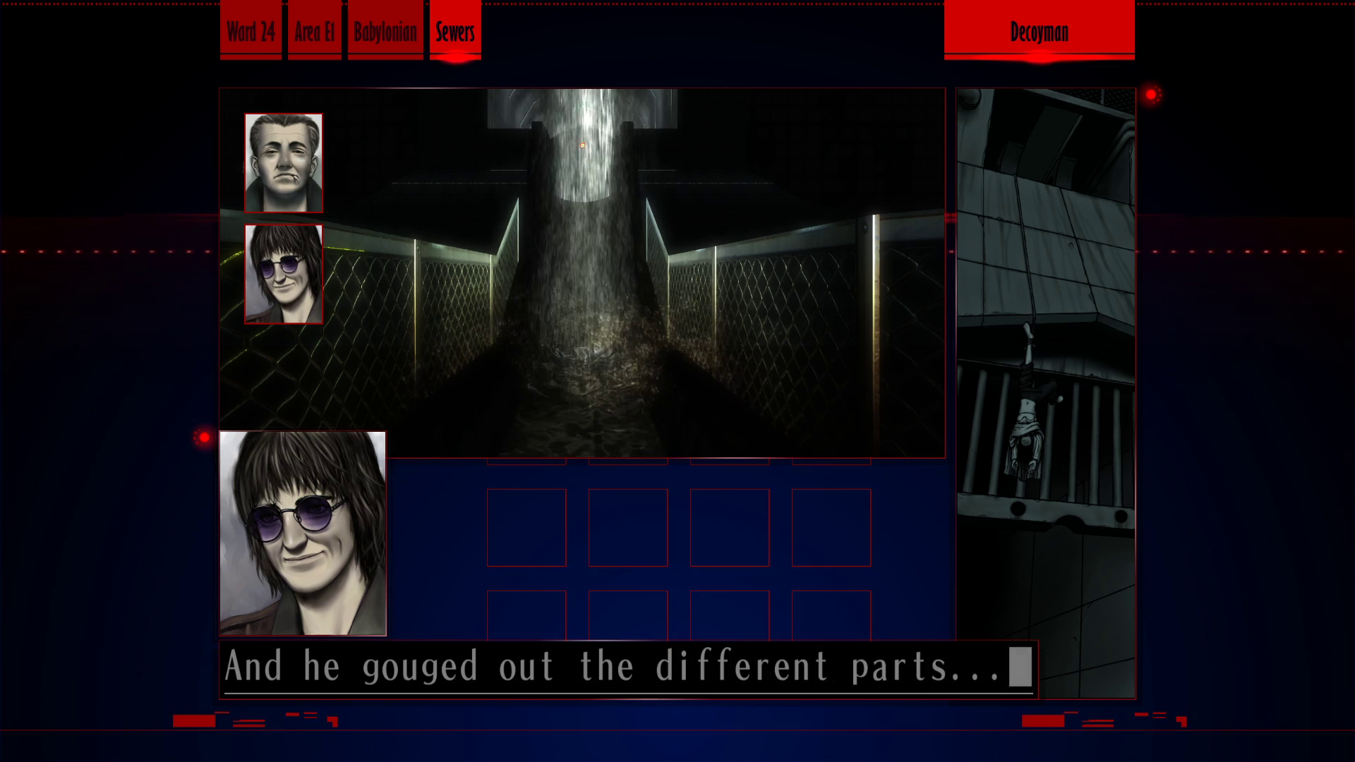 Screenshot from "Decoyman." One window shows the storm drain. Another shows an illustration of Yuka Kawai's corpse dangling upside down from her ankle. Morikawa says "And he gouged out the different parts..."