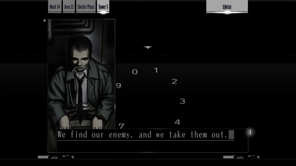 Screenshot from "LifeCut." Kusabi sits on a bed in Triangle Tower 5. He tells Akira, "We find our enemy, and we take them out."