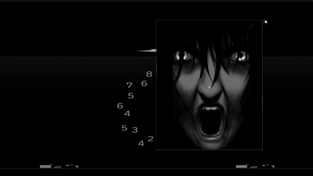 Screenshot of "LifeCut." A window on the right shows a close-up of Fujiwara in darkness, screaming with rage.