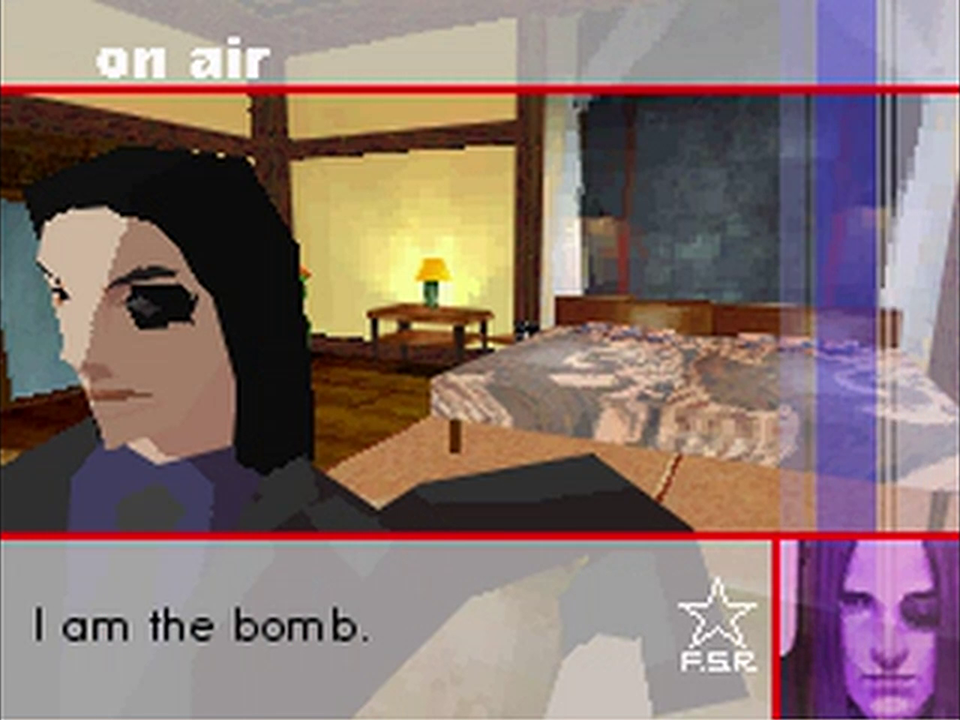 Screenshot of Sundance Shot sitting in Sumio's hotel room. The bed is visible behind him. Shot is on the left, his eyepatch prominent. Shot says, "I am the bomb."