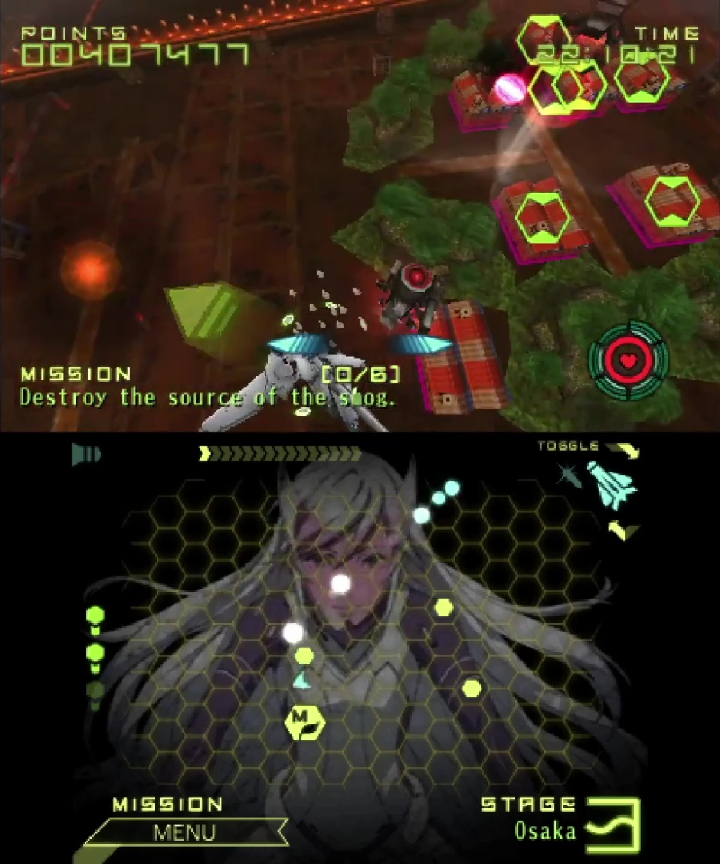 Screenshot from Liberation Maiden. It shows gameplay. On the top screen, in the lower left, text reads, "MISSION: Destroy the source of the smog." The player is targeting and destroying what appear to be warehouses. Trees and grass form where the previous warehouses were destroyed.