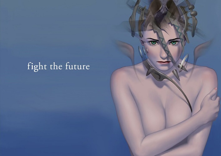 There is a blue gradient background. On the right, Shimohira Ayame, nude and visible to her midsection, folds her arms over her chest as though to hug herself. She stares directly at the viewer. Strange metal pieces of uncertain purpose surround her hairless, head, which fades into the shape of these mechanical parts. On the left is the white text, "fight the future."